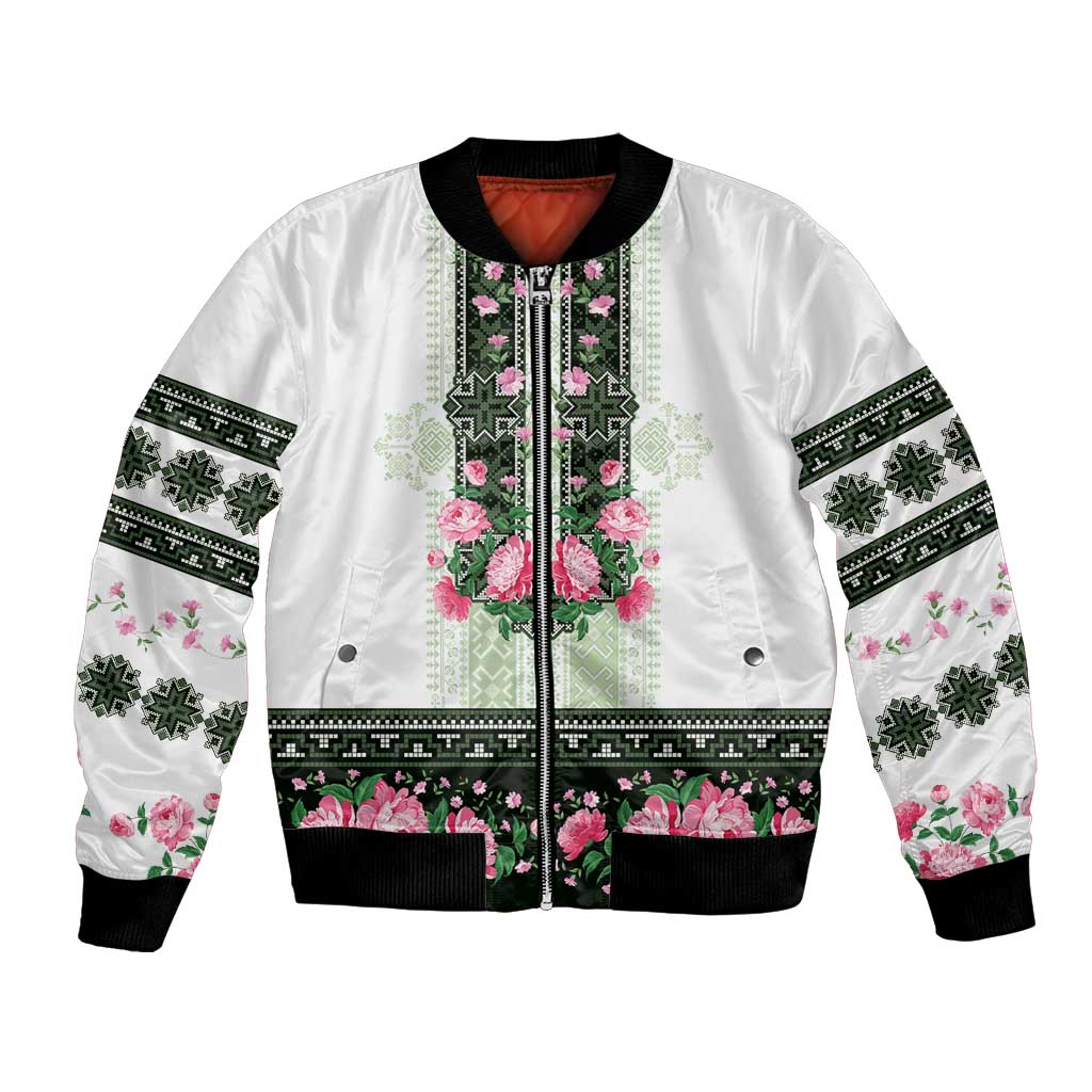 Green Romanian National Costume Bomber Jacket Peony Flowers Traditional Folk Pattern - Wonder Print Shop