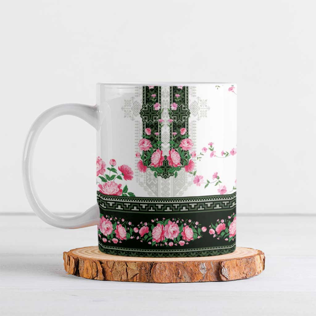 Green Romanian National Costume Ceramic Mug Peony Flowers Traditional Folk Pattern - Wonder Print Shop