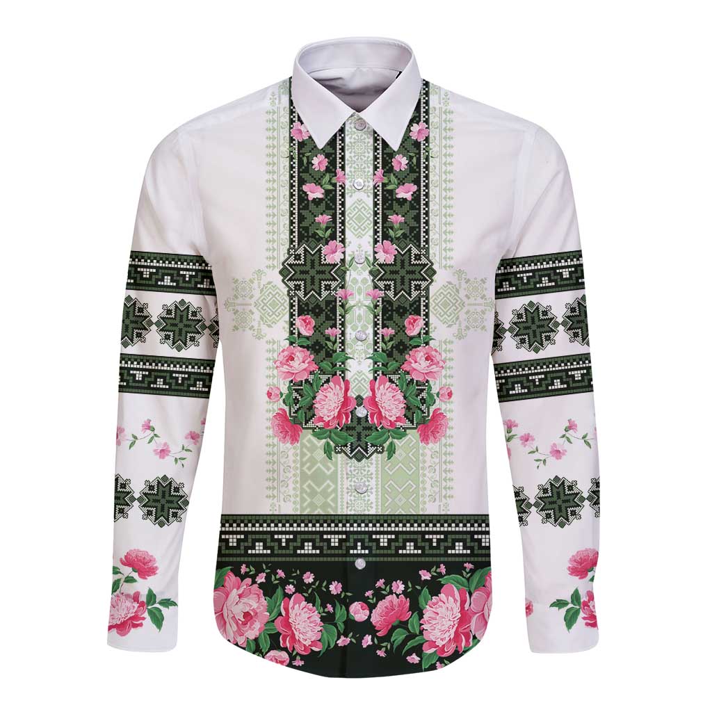 Green Romanian National Costume Long Sleeve Button Shirt Peony Flowers Traditional Folk Pattern - Wonder Print Shop