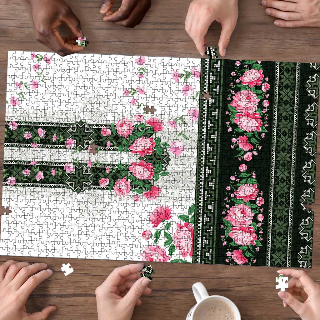 Green Romanian National Costume Puzzle Peony Flowers Traditional Folk Pattern - Wonder Print Shop