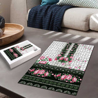 Green Romanian National Costume Puzzle Peony Flowers Traditional Folk Pattern - Wonder Print Shop