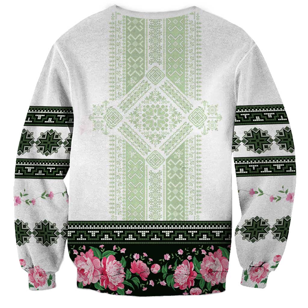 Green Romanian National Costume Sweatshirt Peony Flowers Traditional Folk Pattern - Wonder Print Shop