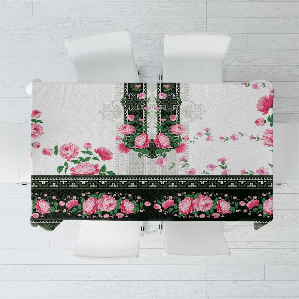 Green Romanian National Costume Tablecloth Peony Flowers Traditional Folk Pattern - Wonder Print Shop