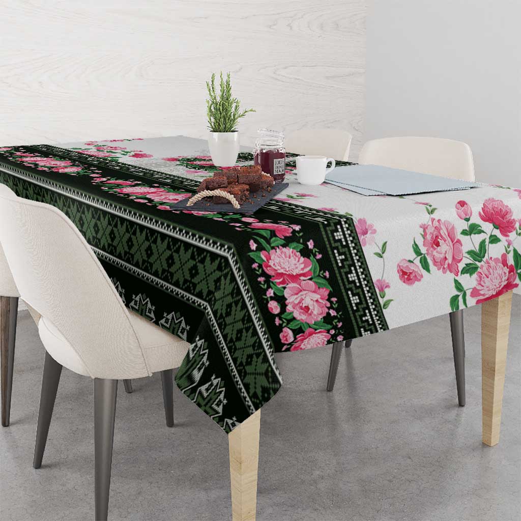 Green Romanian National Costume Tablecloth Peony Flowers Traditional Folk Pattern - Wonder Print Shop