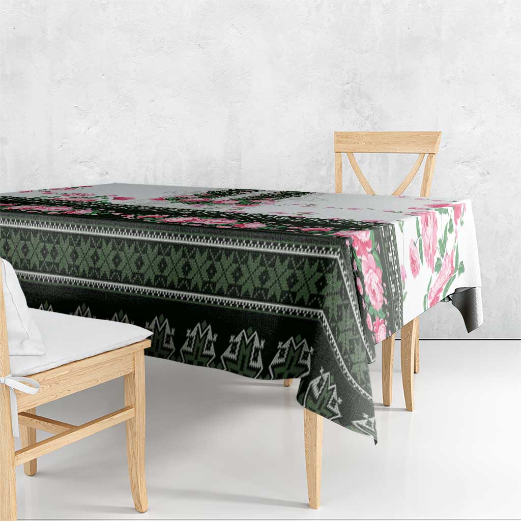 Green Romanian National Costume Tablecloth Peony Flowers Traditional Folk Pattern - Wonder Print Shop