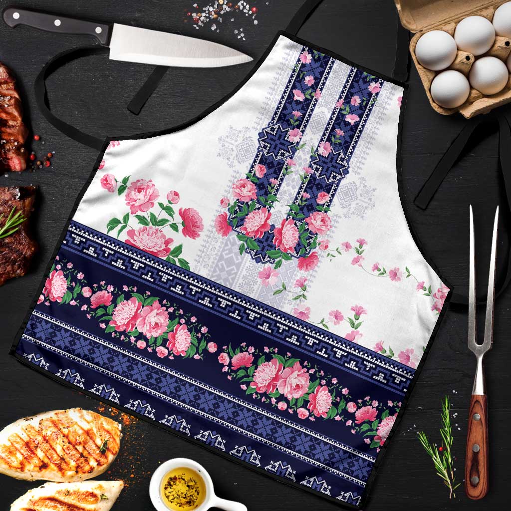 Navy Romanian National Costume Apron Peony Flowers Traditional Folk Pattern - Wonder Print Shop