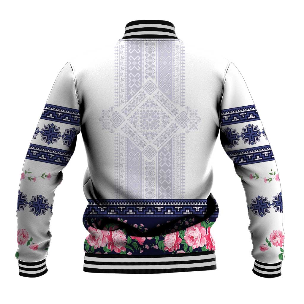 Navy Romanian National Costume Baseball Jacket Peony Flowers Traditional Folk Pattern - Wonder Print Shop