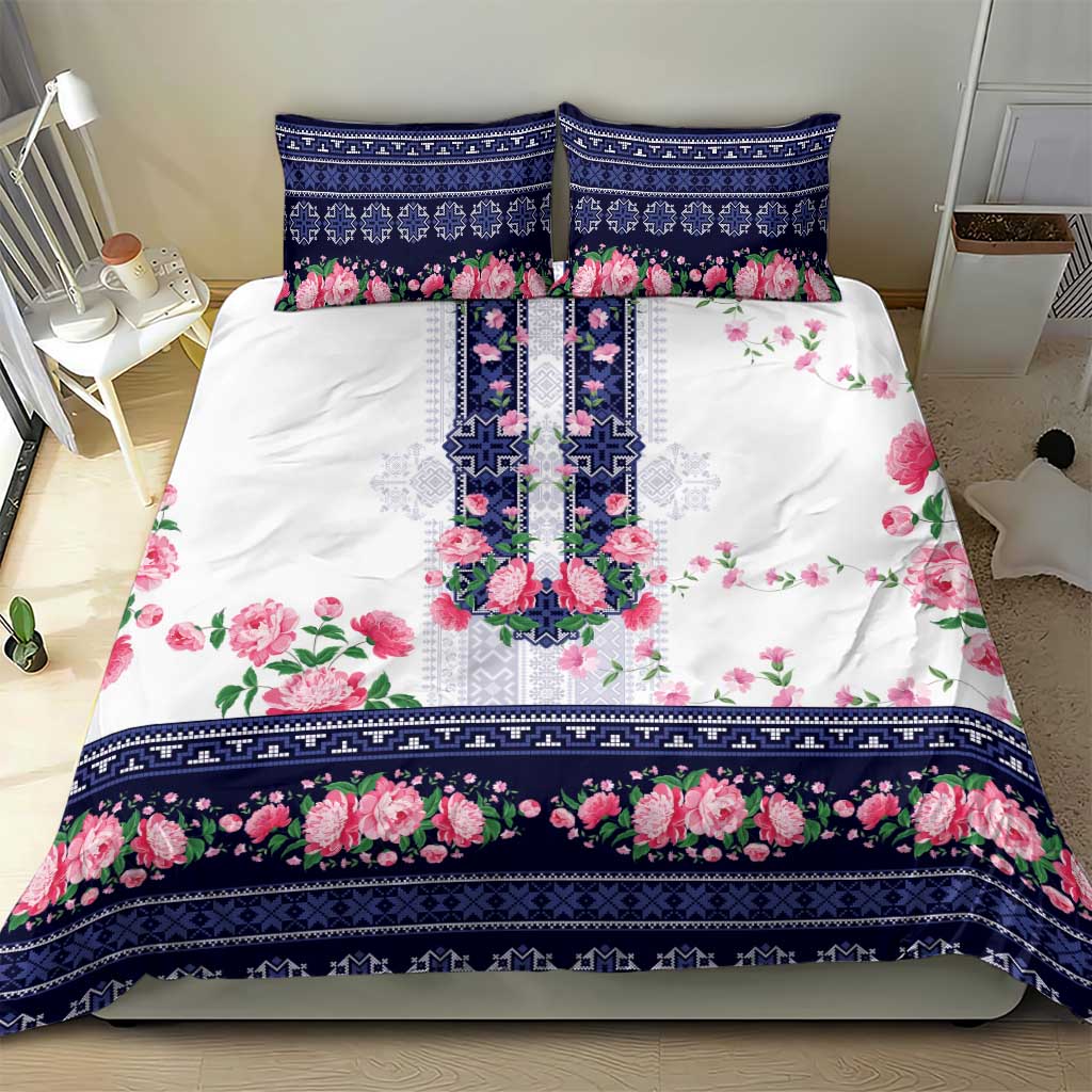 Navy Romanian National Costume Bedding Set Peony Flowers Traditional Folk Pattern - Wonder Print Shop