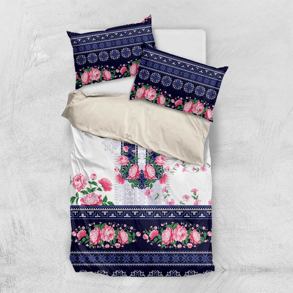 Navy Romanian National Costume Bedding Set Peony Flowers Traditional Folk Pattern - Wonder Print Shop