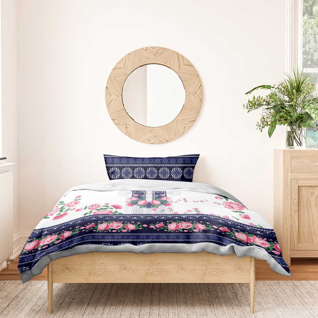 Navy Romanian National Costume Bedding Set Peony Flowers Traditional Folk Pattern - Wonder Print Shop