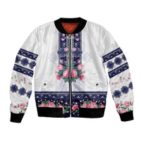 Navy Romanian National Costume Bomber Jacket Peony Flowers Traditional Folk Pattern - Wonder Print Shop