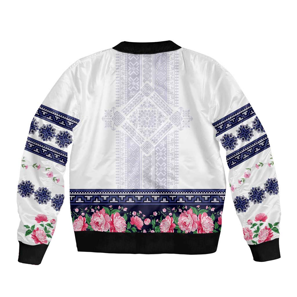 Navy Romanian National Costume Bomber Jacket Peony Flowers Traditional Folk Pattern - Wonder Print Shop