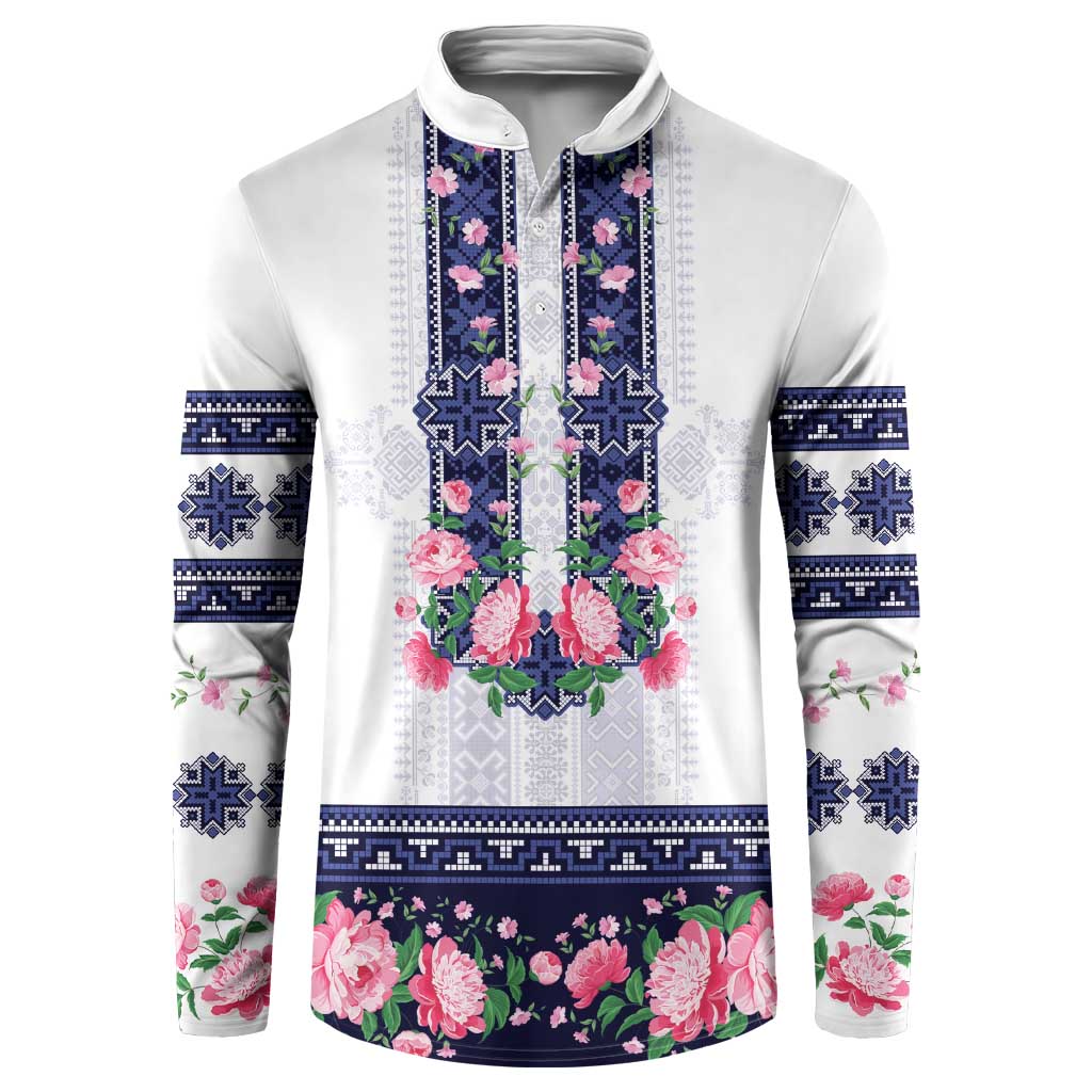 Navy Romanian National Costume Button Sweatshirt Peony Flowers Traditional Folk Pattern - Wonder Print Shop