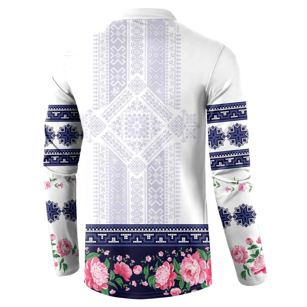 Navy Romanian National Costume Button Sweatshirt Peony Flowers Traditional Folk Pattern - Wonder Print Shop