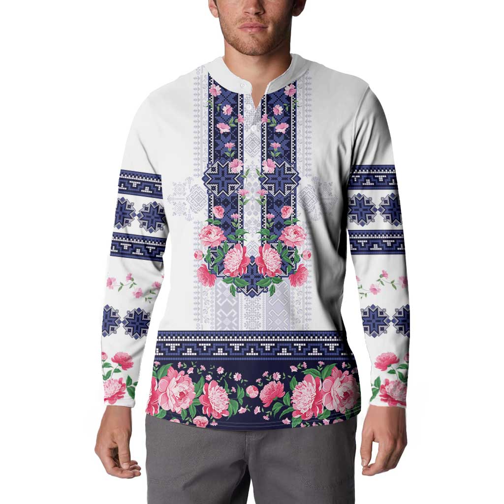 Navy Romanian National Costume Button Sweatshirt Peony Flowers Traditional Folk Pattern - Wonder Print Shop