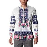 Navy Romanian National Costume Button Sweatshirt Peony Flowers Traditional Folk Pattern - Wonder Print Shop