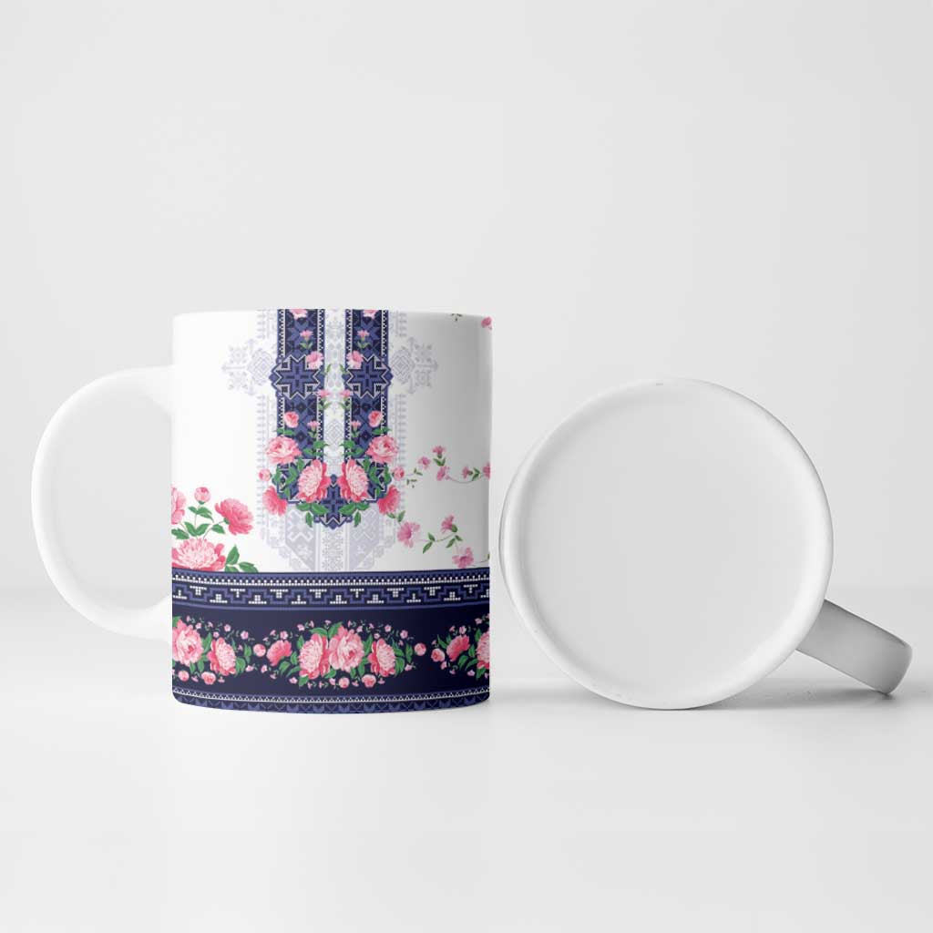 Navy Romanian National Costume Ceramic Mug Peony Flowers Traditional Folk Pattern - Wonder Print Shop