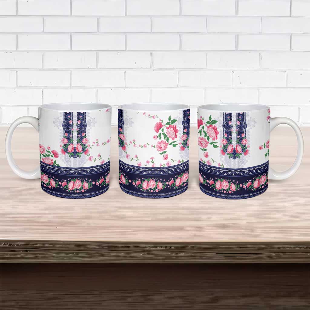 Navy Romanian National Costume Ceramic Mug Peony Flowers Traditional Folk Pattern - Wonder Print Shop