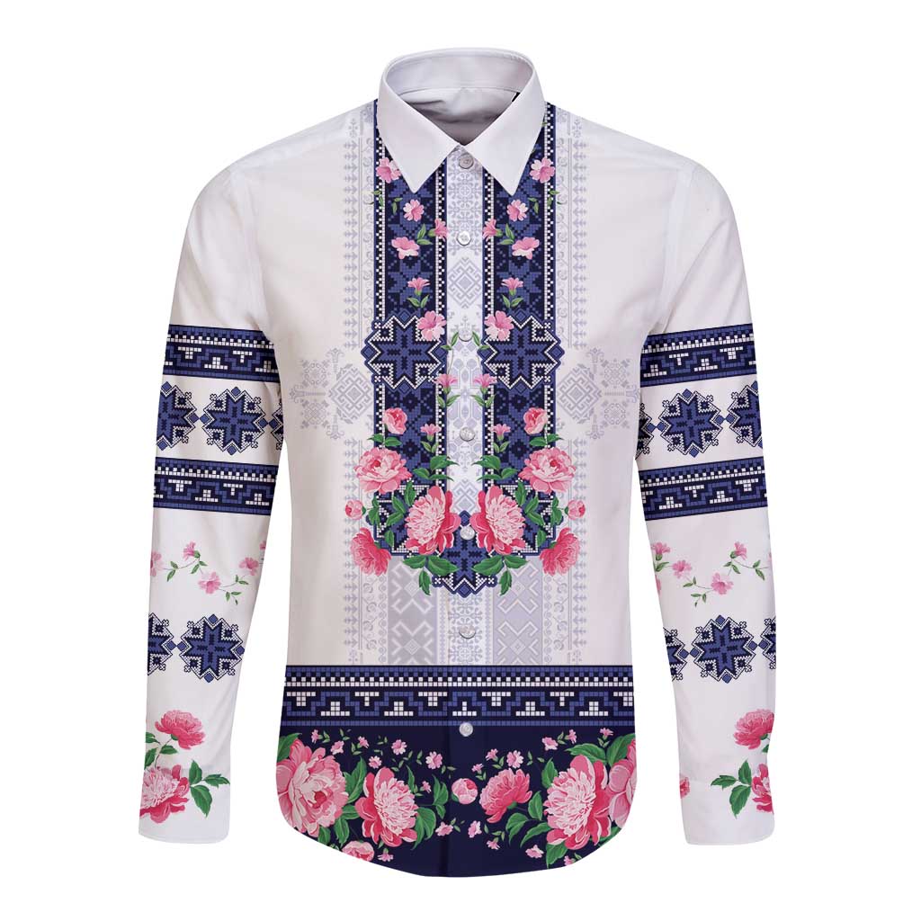 Navy Romanian National Costume Long Sleeve Button Shirt Peony Flowers Traditional Folk Pattern - Wonder Print Shop