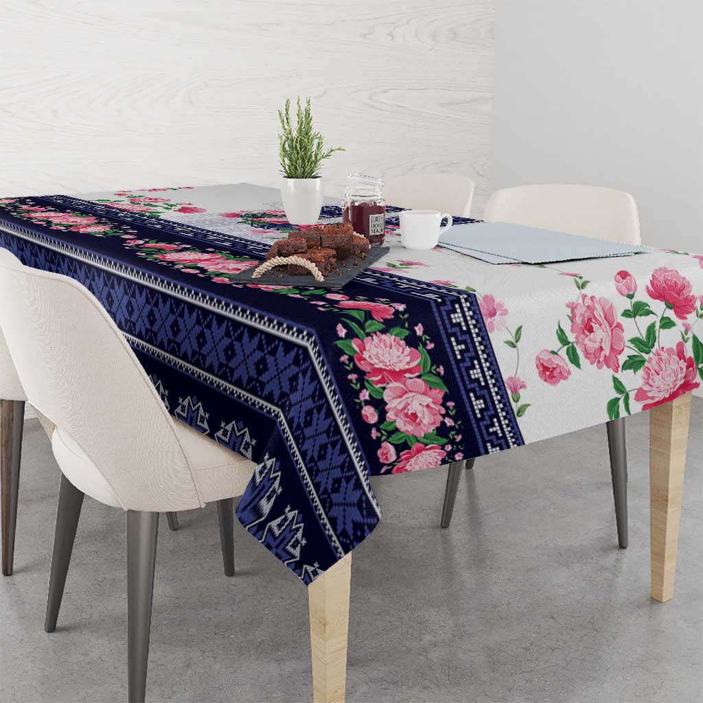 Navy Romanian National Costume Tablecloth Peony Flowers Traditional Folk Pattern - Wonder Print Shop