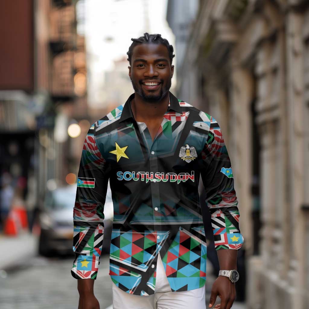 Custom South Sudan Long Sleeve Button Shirt Geometric African Patterns - Wonder Print Shop