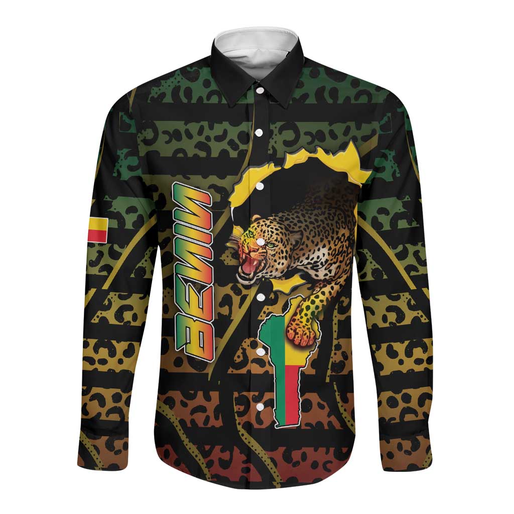 Personalized Benin Long Sleeve Button Shirt Powerful African Leopard - Wonder Print Shop