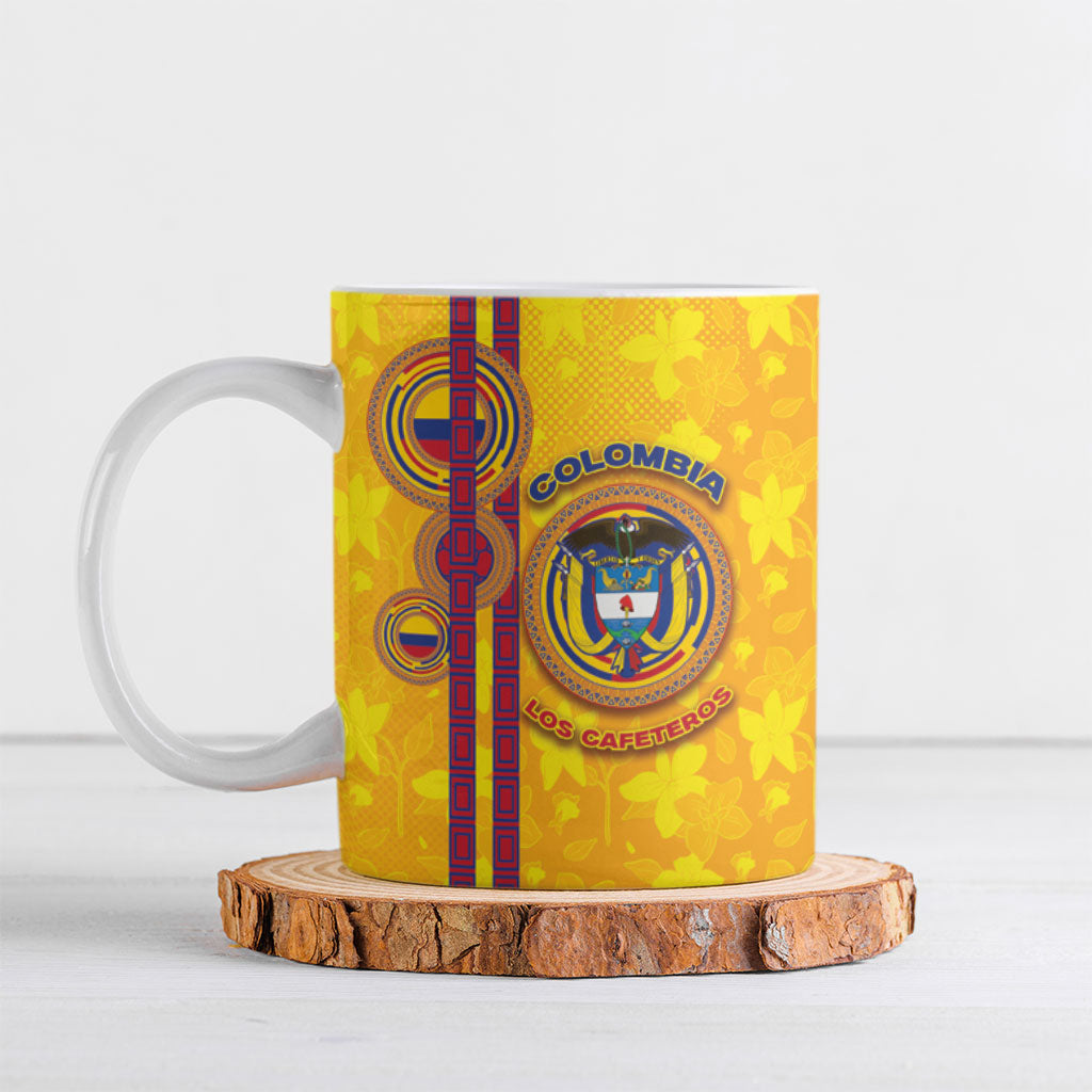 Custom Colombia Football Ceramic Mug Tropical Orchid Floral Pattern With Coat Of Arms