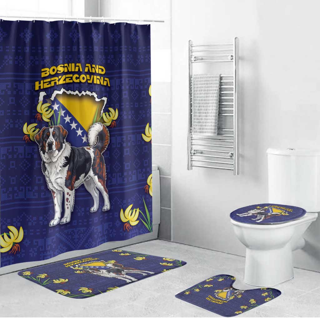 Navy Bosnia and Herzegovina dog bathroom set with shower curtain and floor mats