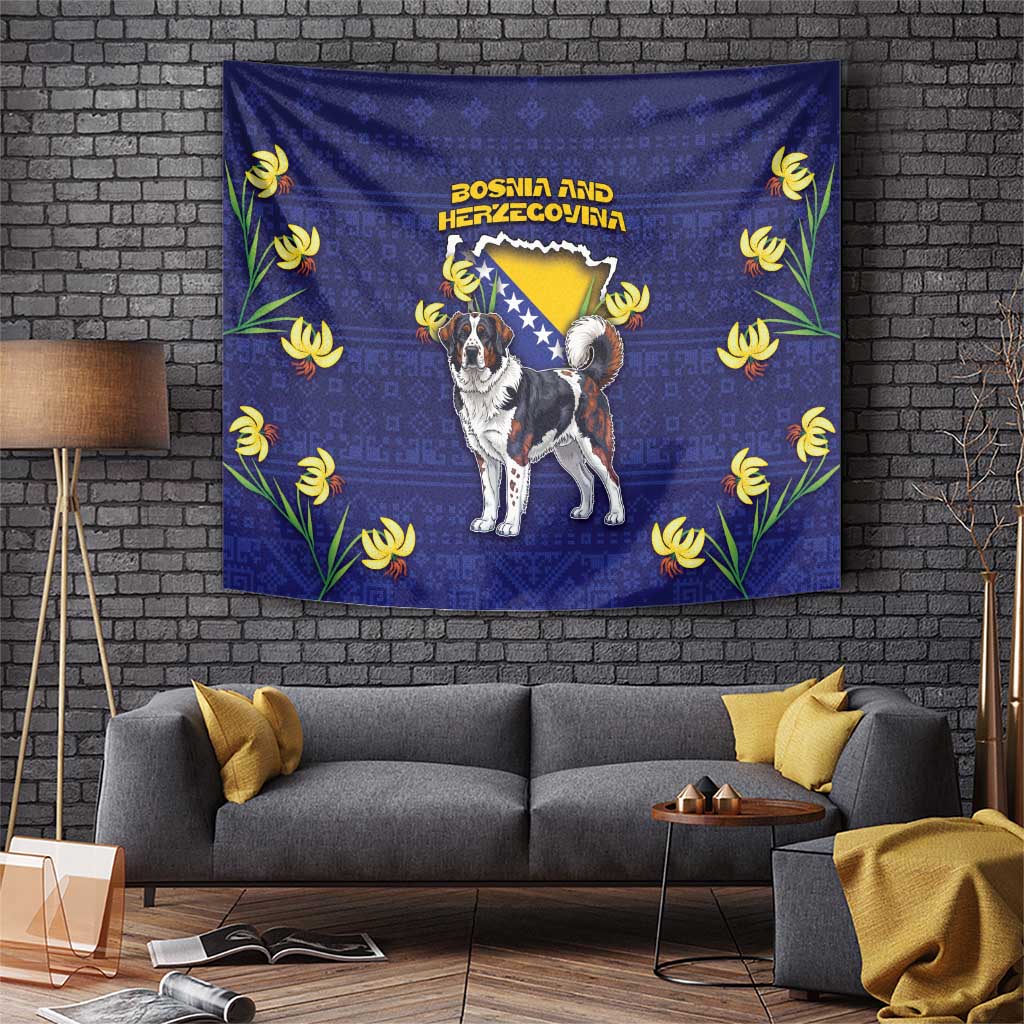 Navy tapestry featuring a dog, Bosnia and Herzegovina crest, and yellow floral vines.