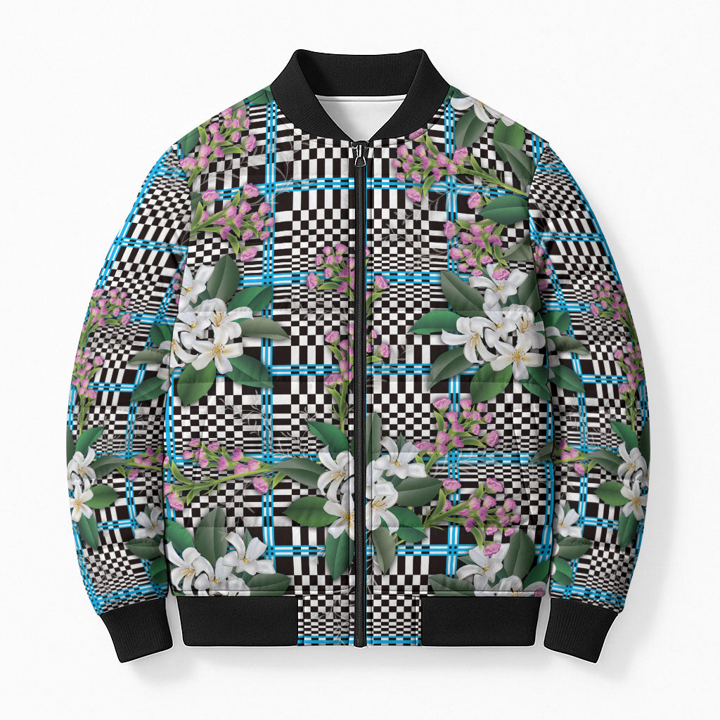 Blue Binakol Motifs With Jasminum Sambac Bomber Puffer Jacket Mabuhay Philippines Festival