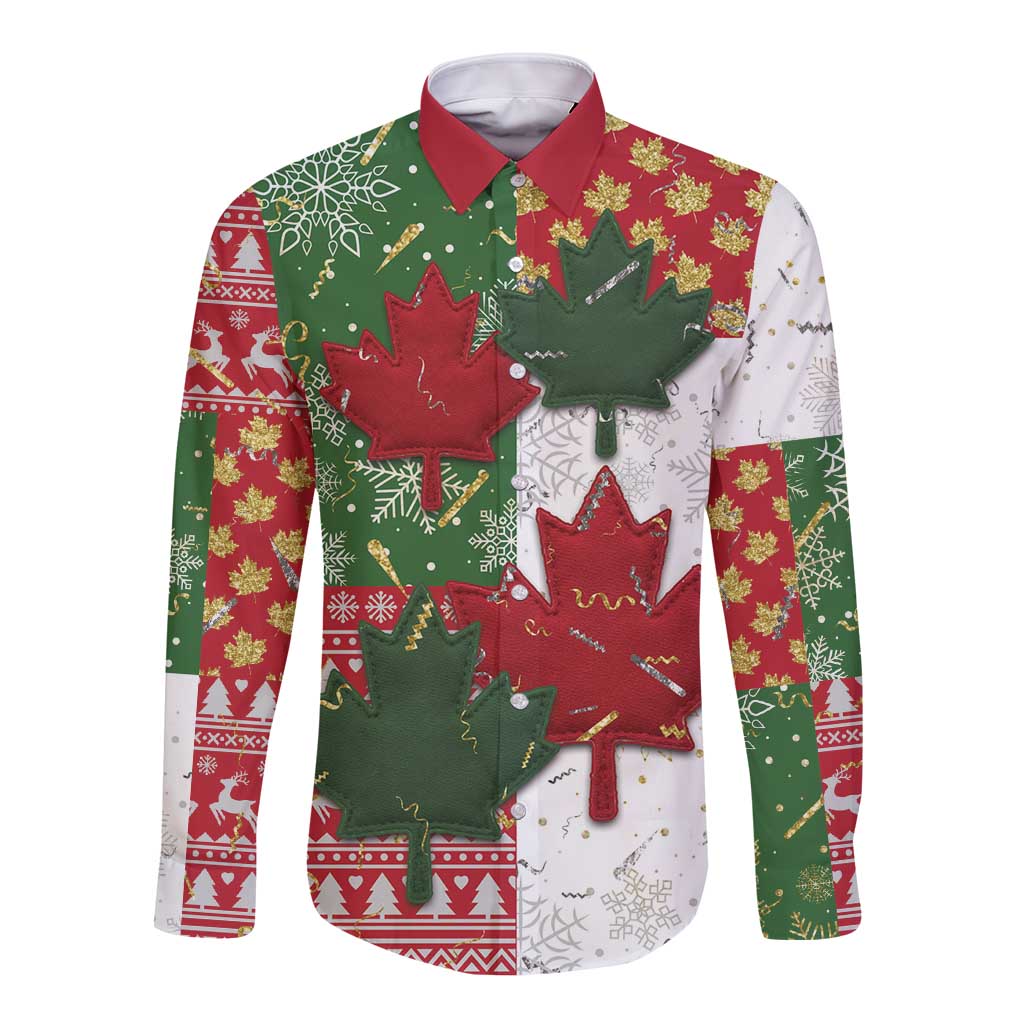 Canada Christmas Long Sleeve Button Shirt Maple Leaves Patchwork Style - Wonder Print Shop