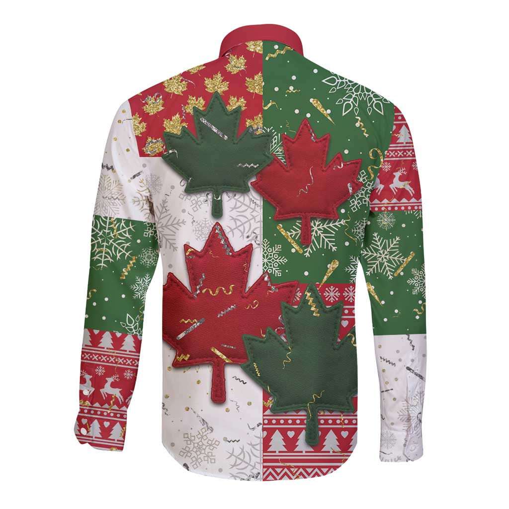Canada Christmas Long Sleeve Button Shirt Maple Leaves Patchwork Style - Wonder Print Shop