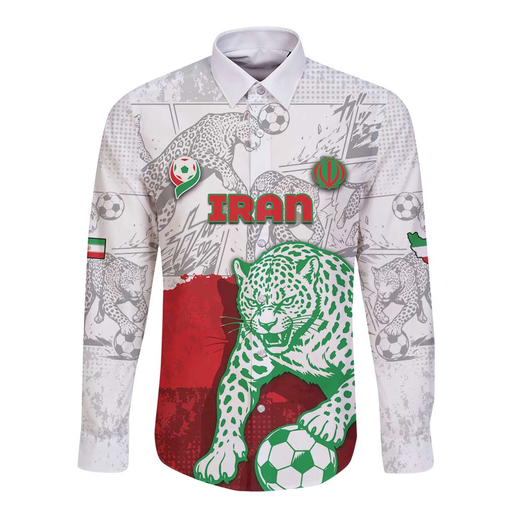 Custom Iran Football Long Sleeve Button Shirt Leopard Comic Manga Art Style