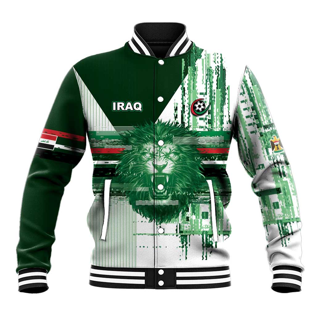 Custom Iraq Football Baseball Jacket Modern Glitch Art Style Lion Symbolism