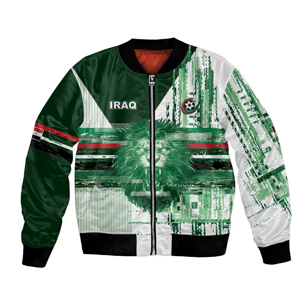 Custom Iraq Football Bomber Jacket Modern Glitch Art Style Lion Symbolism