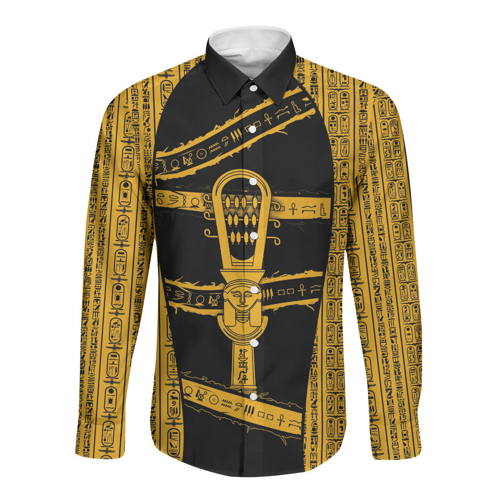 Egypt Sistrum Long Sleeve Button Shirt Ancient Mythology Sacred Rattling Instrument