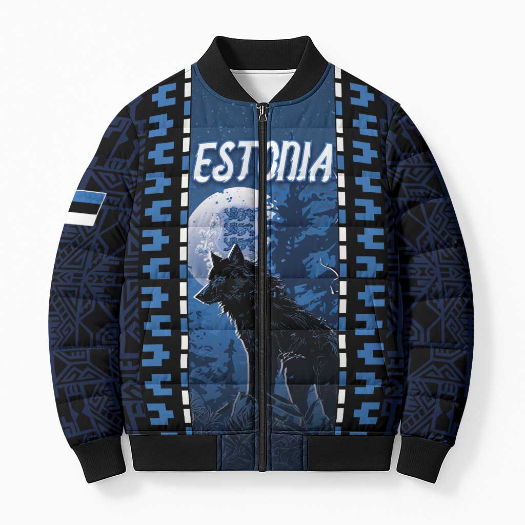 Personalized Estonia Bomber Puffer Jacket Night Wolf With Pattern - Wonder Print Shop