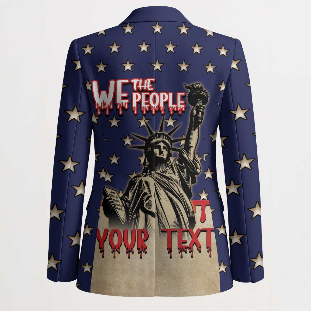 Personalized patriotic blazer, blue with gold stars, Liberty graphic, “We the People” and “Your Text”.