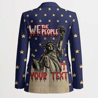 Personalized patriotic blazer, blue with gold stars, Liberty graphic, “We the People” and “Your Text”.