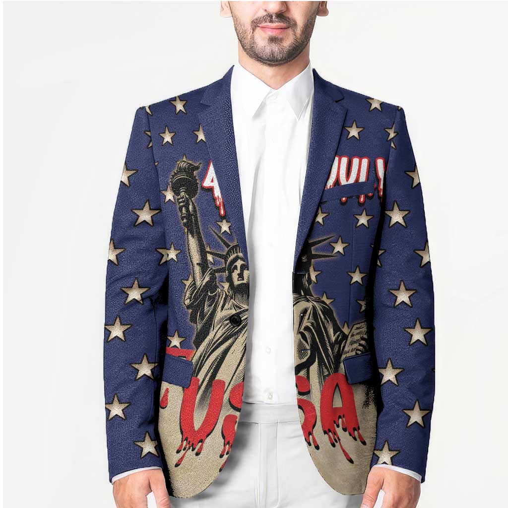Blue star blazer with Liberty figure graphic and drips, worn over a white dress shirt.