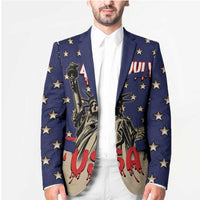 Blue star blazer with Liberty figure graphic and drips, worn over a white dress shirt.
