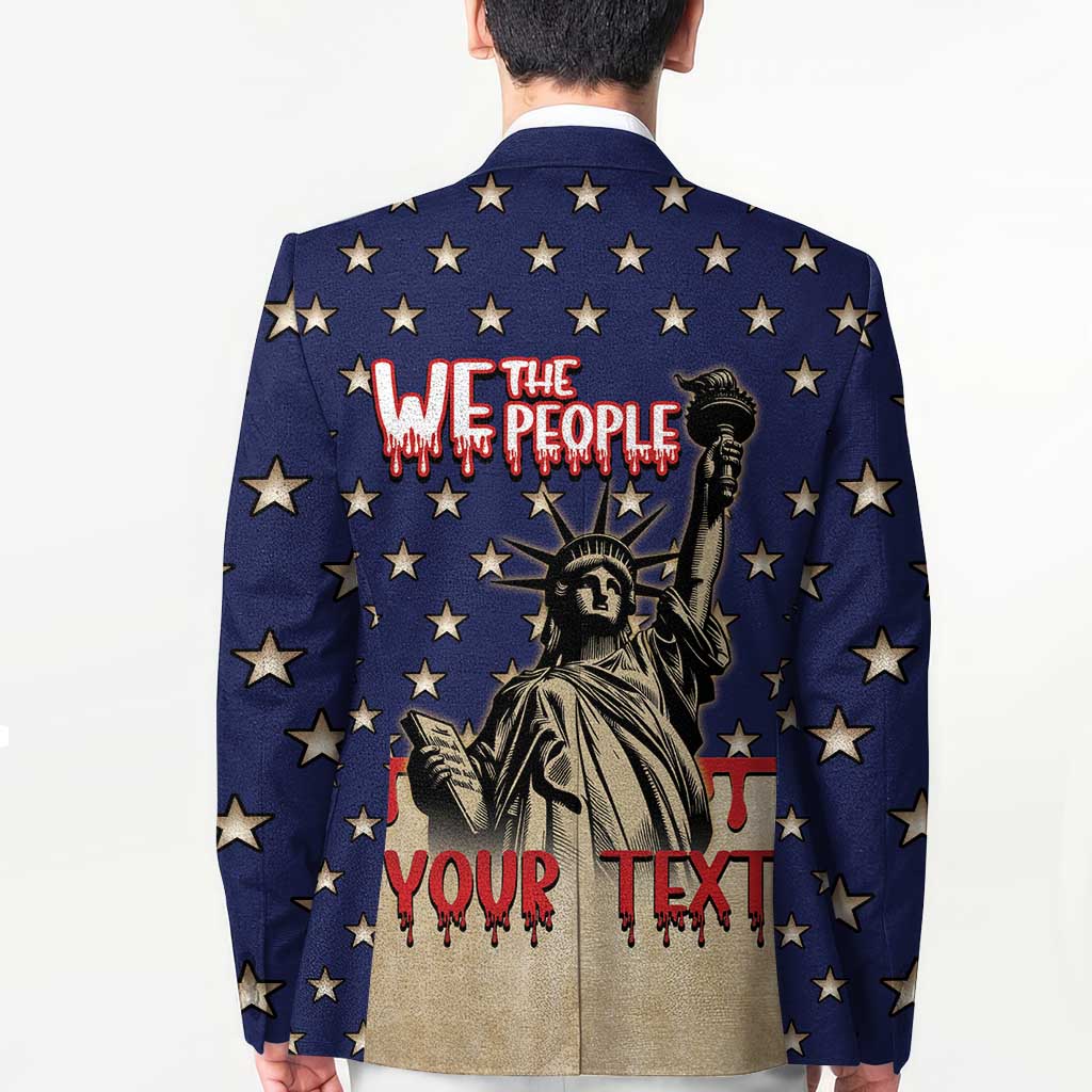 Back view patriotic blazer: blue with gold stars, Liberty graphic, “We the People” and “Your Text”.