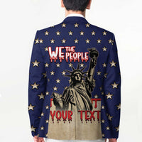 Back view patriotic blazer: blue with gold stars, Liberty graphic, “We the People” and “Your Text”.