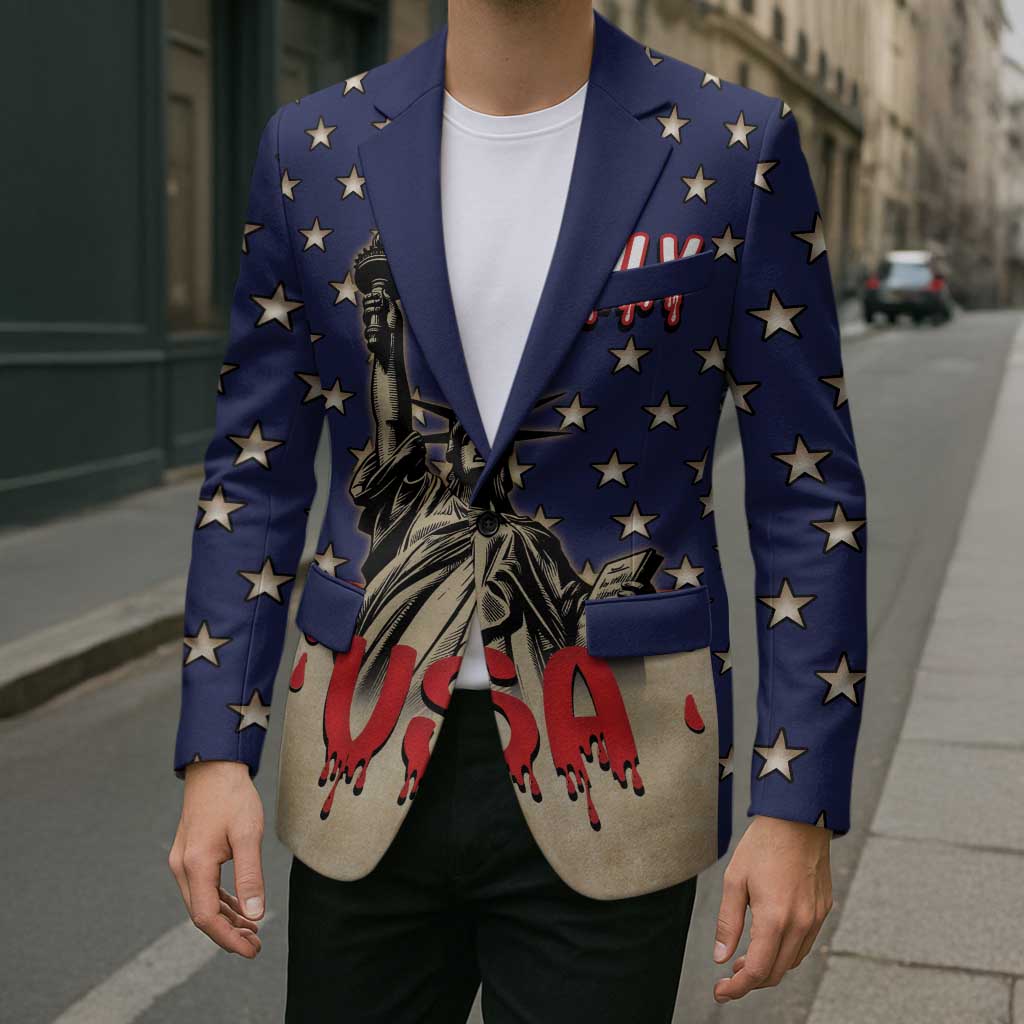 Blue star-pattern blazer with Liberty graphic and drips; open front over a white T-shirt.