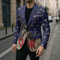 Blue star-pattern blazer with Liberty graphic and drips, styled over a black shirt.
