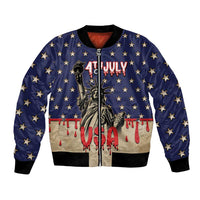 Blue bomber jacket with full-zip front, star print, Statue of Liberty graphic, 4th of July
