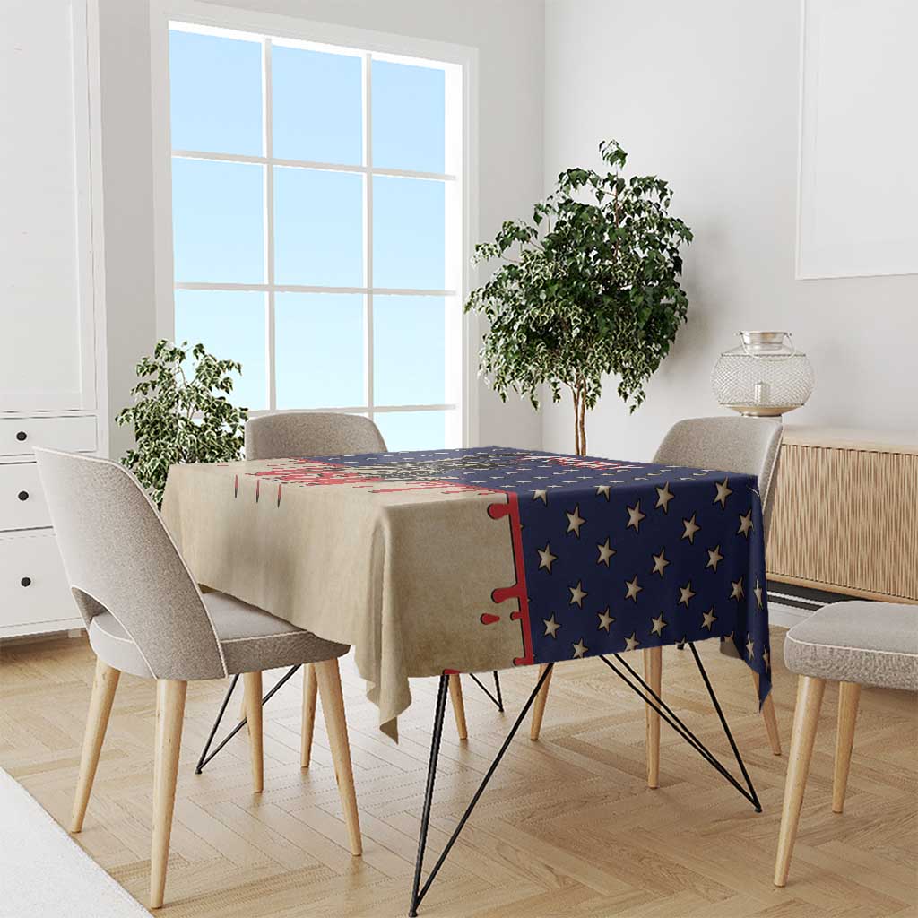 Fourth of July tablecloth on dining table, beige cloth with blue stars and red accents