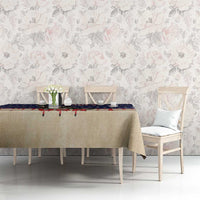 Fourth of July tablecloth on dining table, beige sides with blue star strip across top