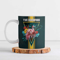 Dark teal ceramic mug with flamingo, tropical leaves, "THE BAHAMAS" and gold M