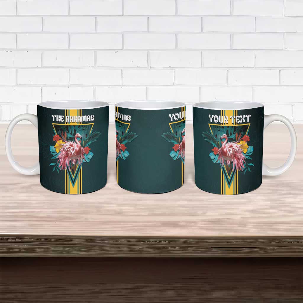 Three dark teal ceramic mugs with flamingo tropical flowers and gold M design